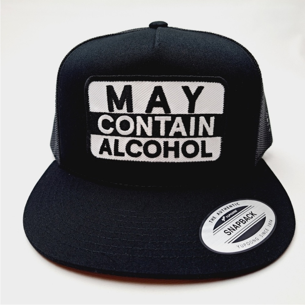 May Contain Alcohol Flat Bill Trucker Mesh Snapback Cap Hat Black Embroidered